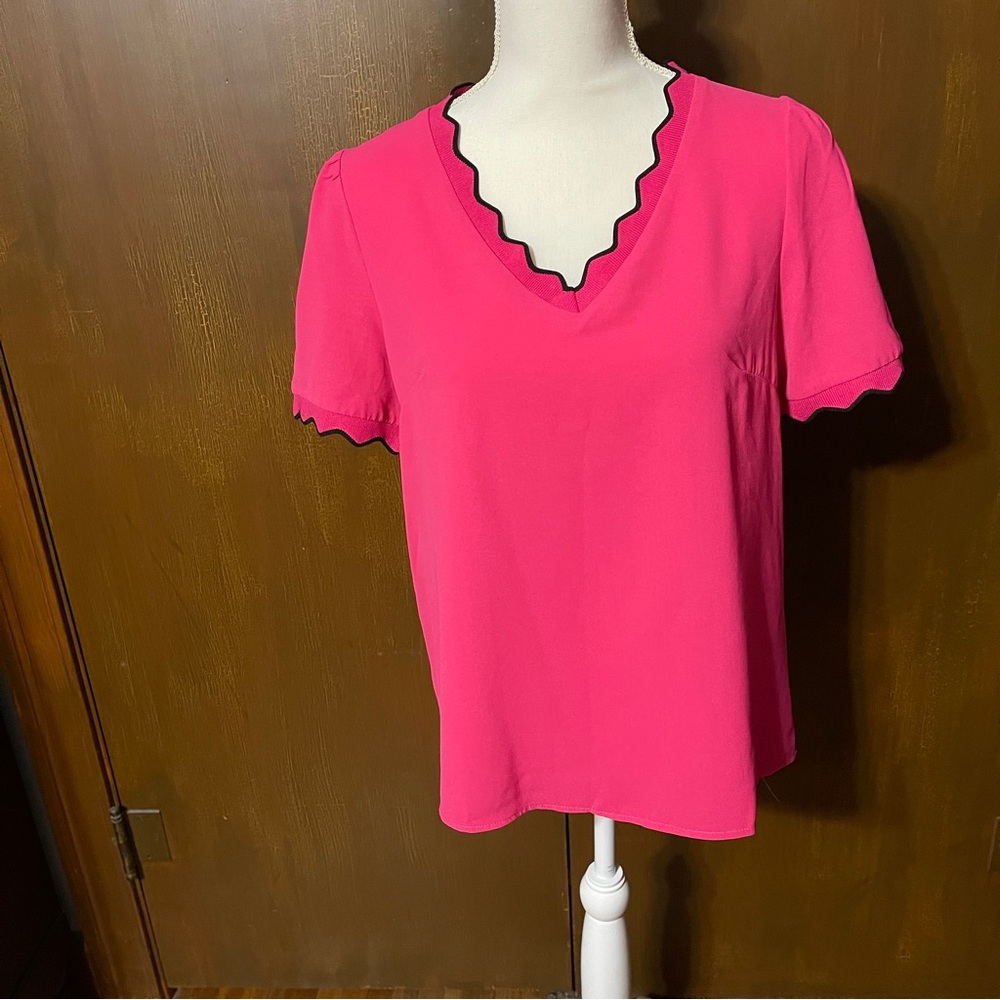 SHEIN Hot Pink V-Neck Blouse with Black Scallop Trim